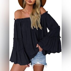Panhandle teal off shoulder bell sleeve top